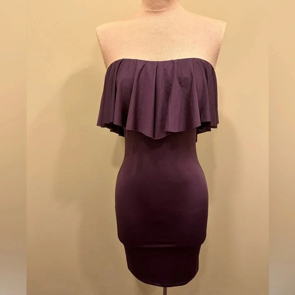 Dress the Population Strapless Plum Ruffle Bodycon Mini Dress Size Small - Picture 2 of 9